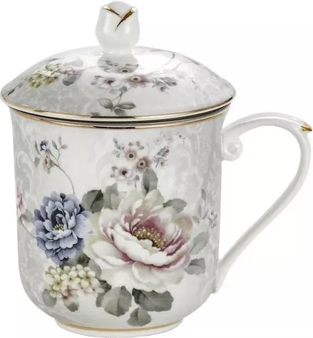 Elegáns bögre befőzővel 400 ml porcelán, virág motívummal