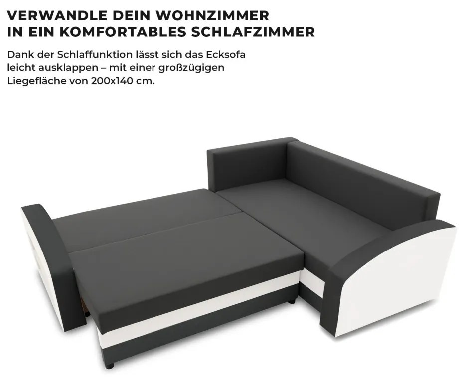 Grande sarokkanapé polcokkal , polc a bal karfaban, jobboldali, szövet anyag, hab töltet, szürke - fehér