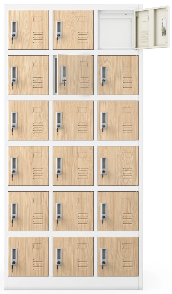 18 rekeszes személyzeti szekrény, fehér/sonoma tölgy, 900x1850x400 mm: KAROL Eco Design