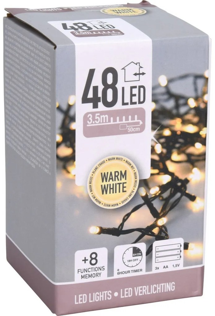 LED karácsonyi kültéri fénylánc meleg fehér, 48x LED 3,5 m, 3x AA elem, időzítő