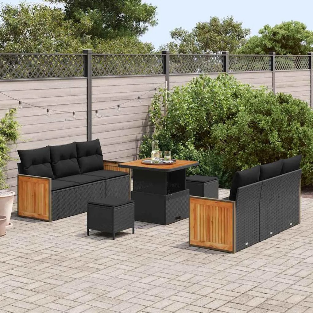 Kerti Kanapé Szett 9 pcs Fekete 80 x 80 x 71 cm polirattan