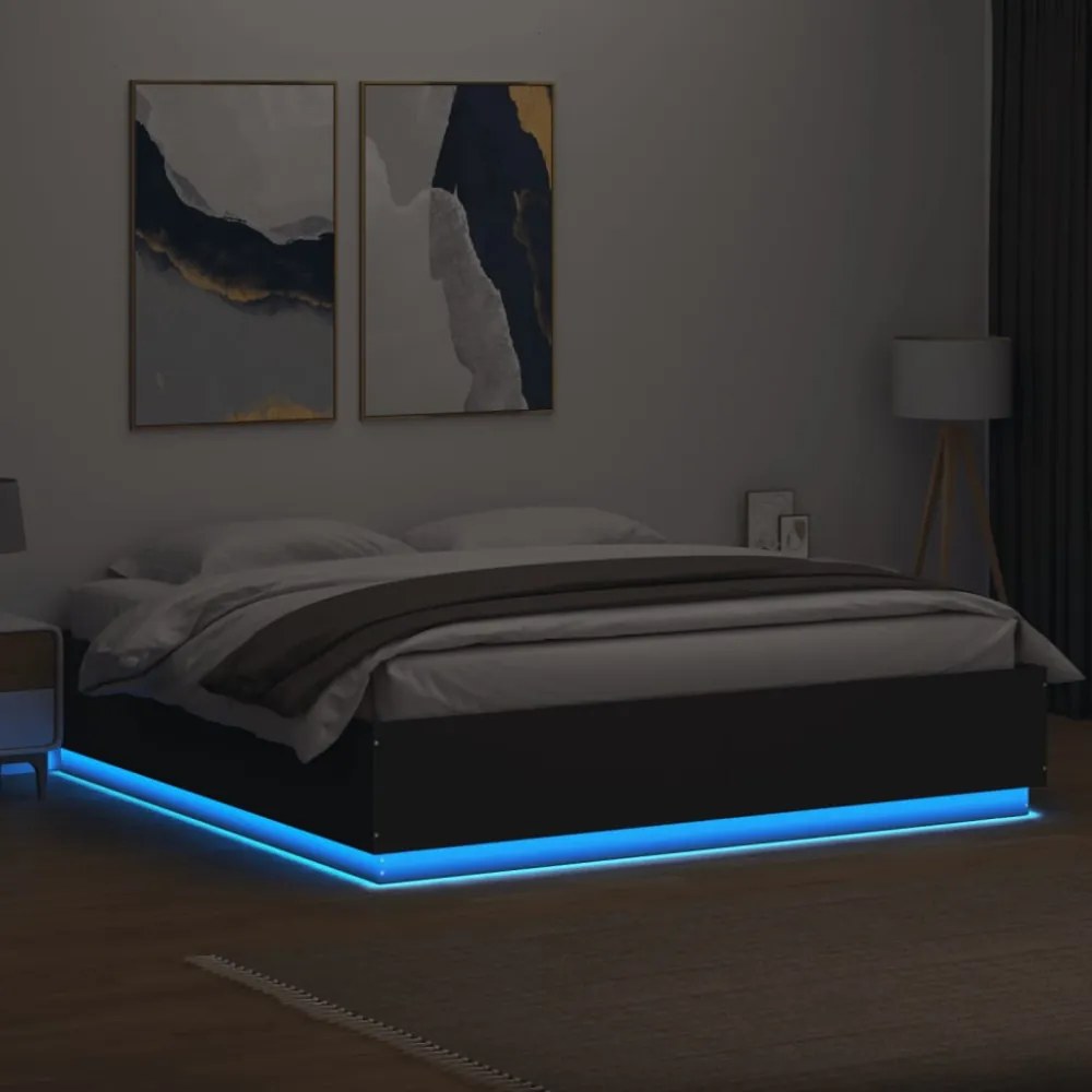 fekete szerelt fa ágykeret LED-világítással 200 x 200 cm