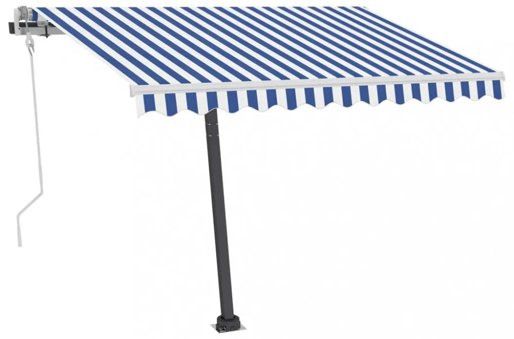 kék és fehér kézzel kihúzható póznás napellenző 350 x 250 cm