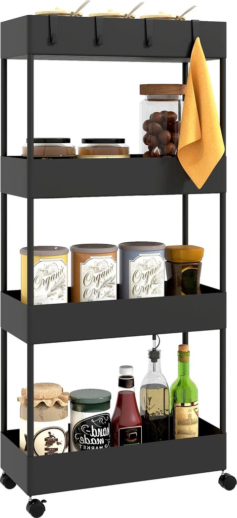 HOMCOM 4 Szintes Szervírozó Kocsi Kerekekkel, Irodai, Fürdőszobai, Konyhai Táska, Fehér, Fekete | Aosom