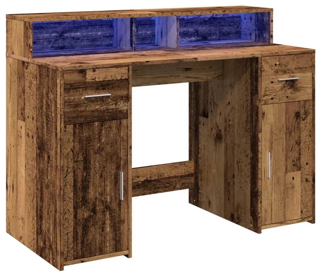 antik fa színű szerelt fa íróasztal LED-ekkel 120 x 55 x 91 cm