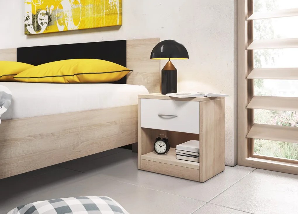 Éjjeliszekrény 1 fiókkal Sonoma tölgy / fehér matt színkombinációban 16 mm – NAKA