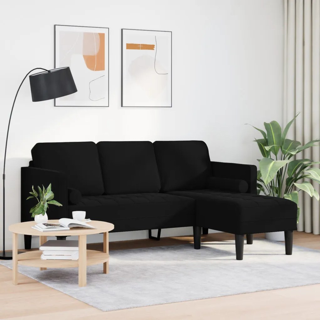 3-fős kanapé chaise longue - L alakú, fekete, 160 cm bársony