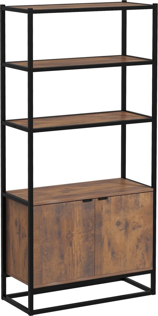 HOMCOM Ipari Stílusú Könyvespolc 3 Polccal + 2 Ajtós Szekrény Részecske Forgácslap Régi Fa Megjelenéssel Fekete Fémből | Aosom