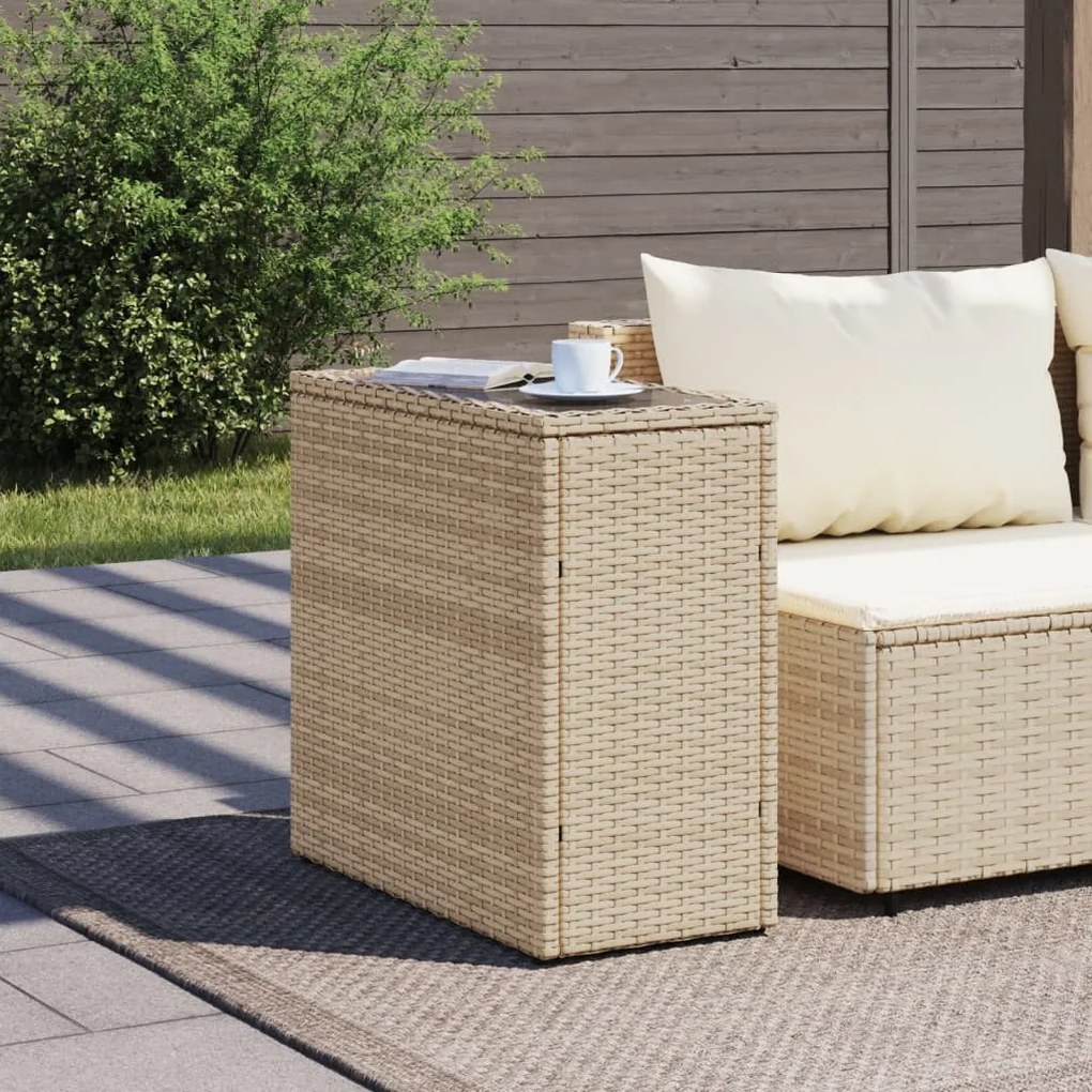 bézs polyrattan kerti kisasztal üveg asztallappal 58x27,5x55 cm