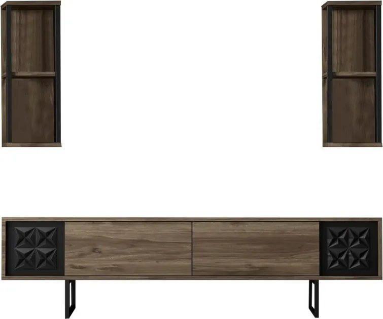 Line Walnut and Black TV-állvány polcokkal