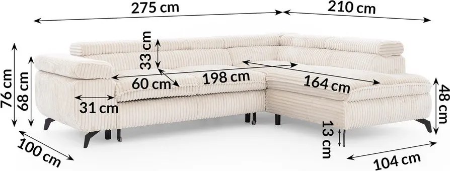 Krémszínű kordbársony sarokkanapé (jobb oldali-L alakú) Marbeya – Ropez
