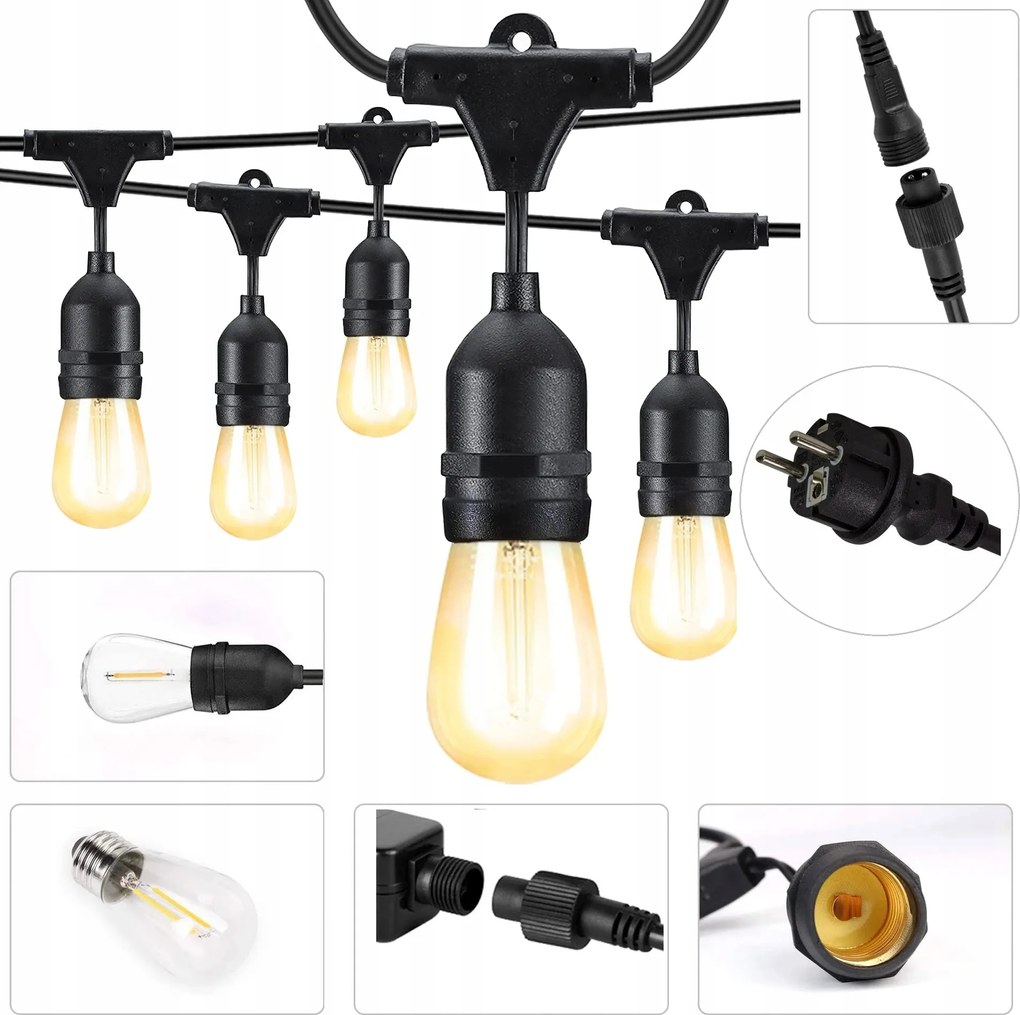 Kerti girland Led fényfüzér 15m Lámpák Lánc Vízálló 15 x Izzók
