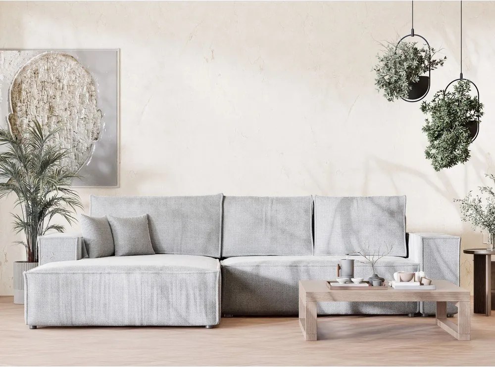 Világosszürke zsenília kinyitható-tárolóhelyes sarokkanapé (bal oldali-heverő résszel) Maze – Maison de Rêve