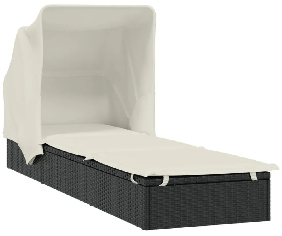 fekete polyrattan napozóágy összecsukható tetővel 213x63x97 cm