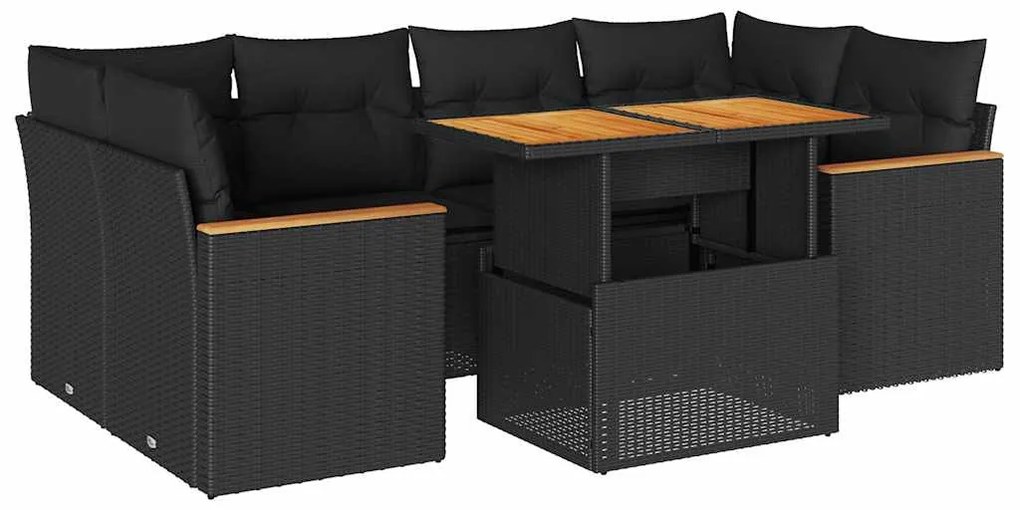 6 részes fekete polyrattan akácfa kerti ülőgarnitúra párnákkal