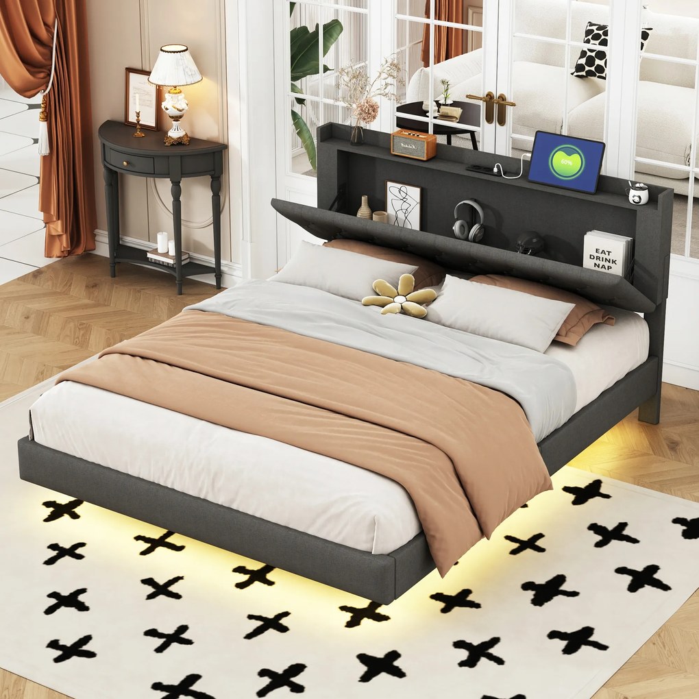 Kárpitozott ágy 160*200 cm, franciaágy Usb dióda lenvászon szürke