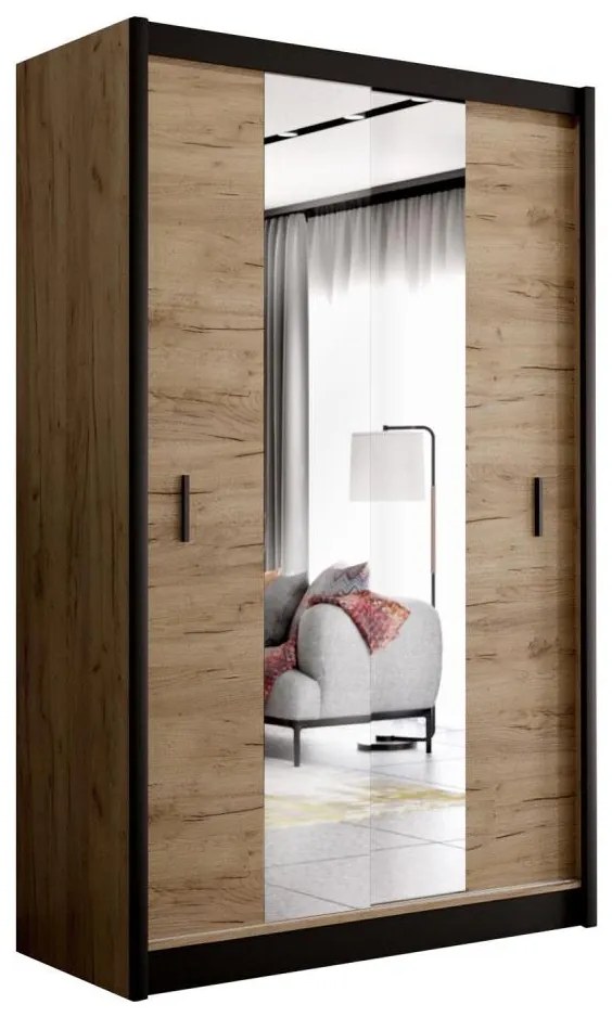 Gardróbszekrény MIRO 150x215 cm, tölgy craft/fekete, tükörrel