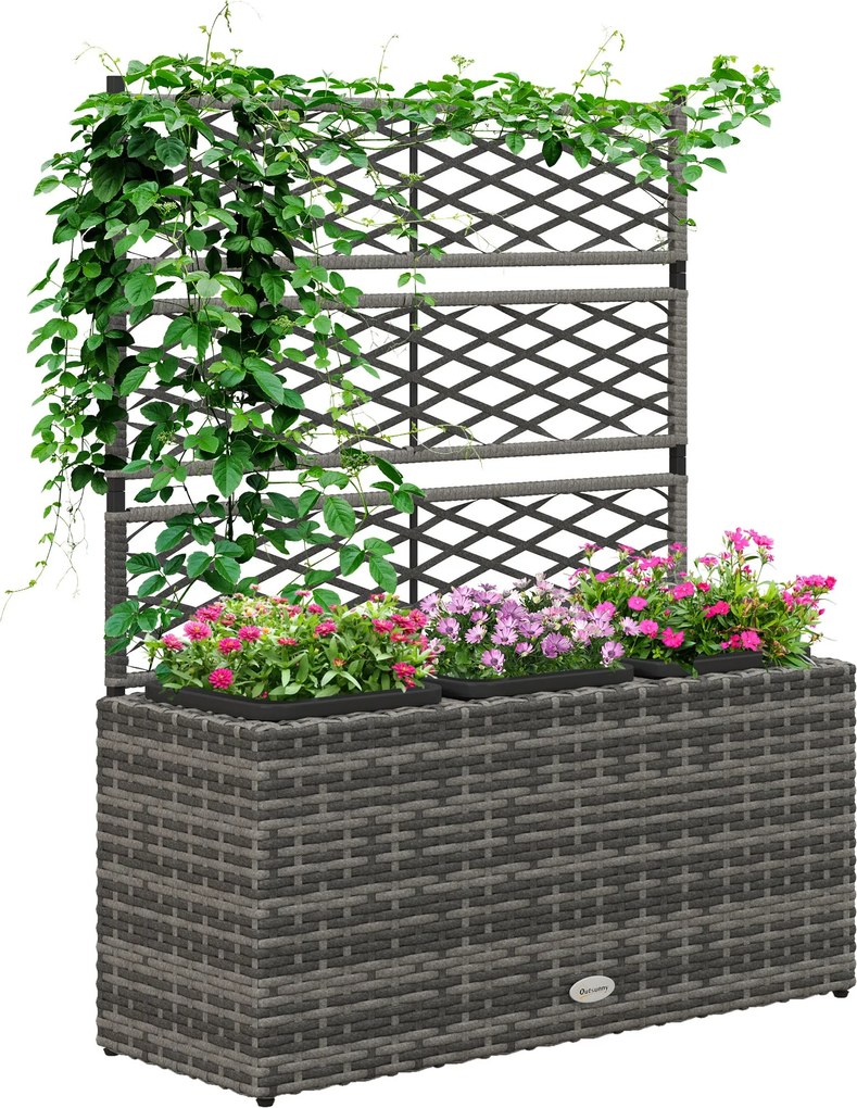 Outsunny Virágtartó Függőlegesen Mászó Növényekhez, Magaságyás 3 Belső Cseréppel, Acél és PE Rattan Szerkezet, 84x30x107 cm, Szürke | Aosom