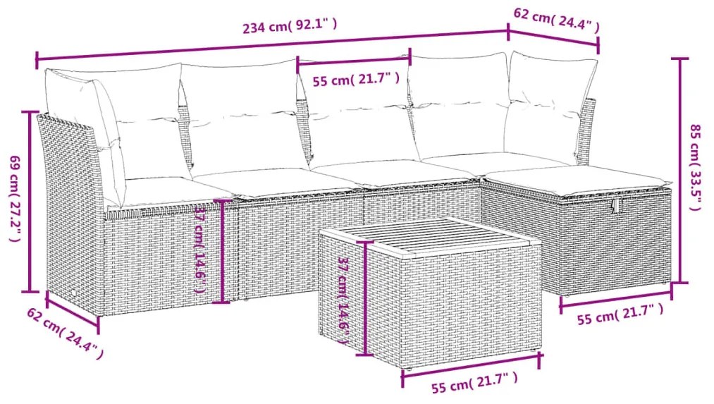 6 részes szürke polyrattan kerti ülőgarnitúra párnákkal