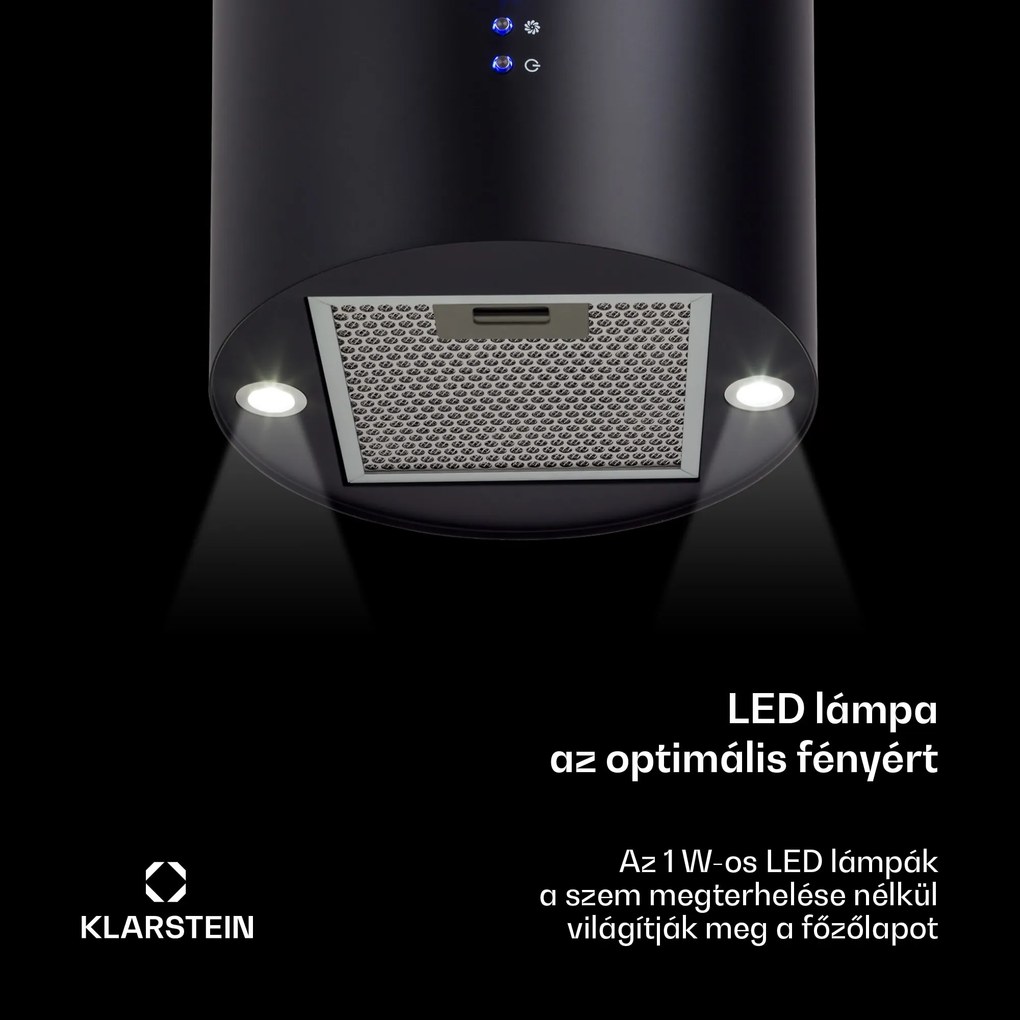 Klarstein Barett, sziget páraelszívó, Ø 35 cm, légkeringetés, 522 m³/ó, LED, aktívszén szűrő, fekete