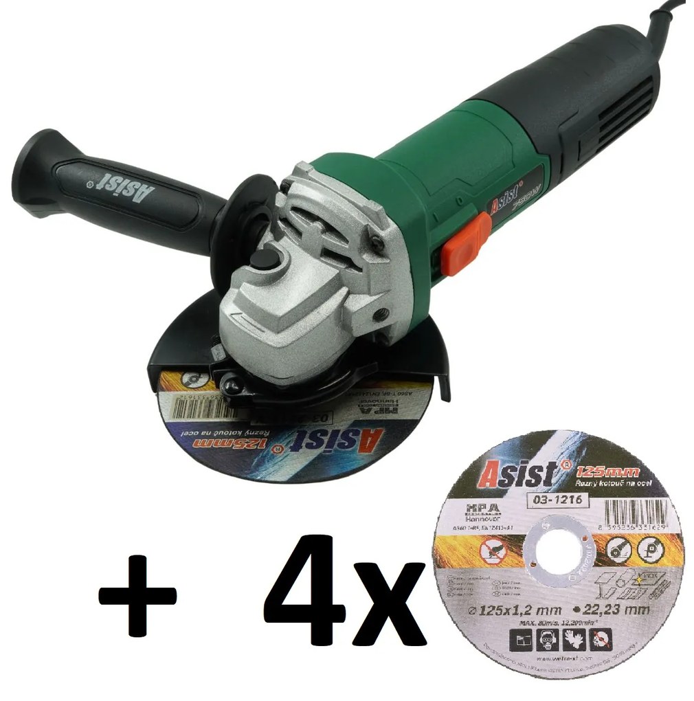 Sarokcsiszoló 750W, 125mm ASIST AE3U75DN-1 + vágókorong-készlet 4db