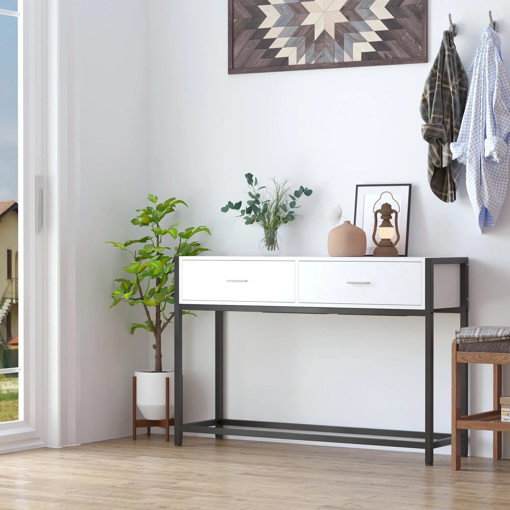 HOMCOM 120x34x81 cm-es konzoltábla, Előszobaasztal 2 fiókkal és állítható lábakkal, Modern stílusú bútordarab előszobába, nappaliba | Aosom