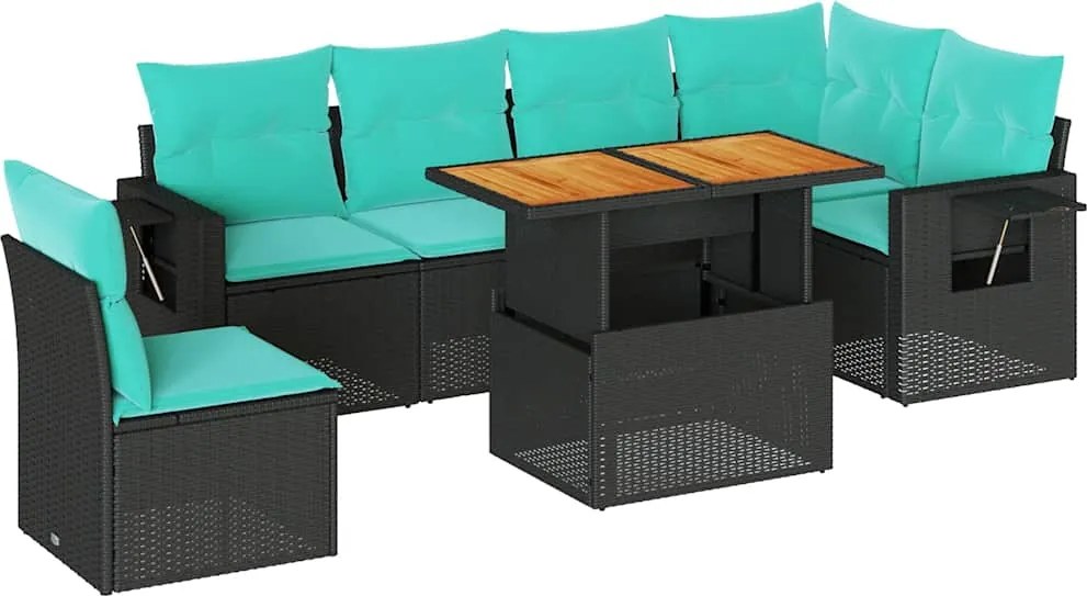 vidaXL 7 részes fekete polyrattan kerti ülőgarnitúra párnával