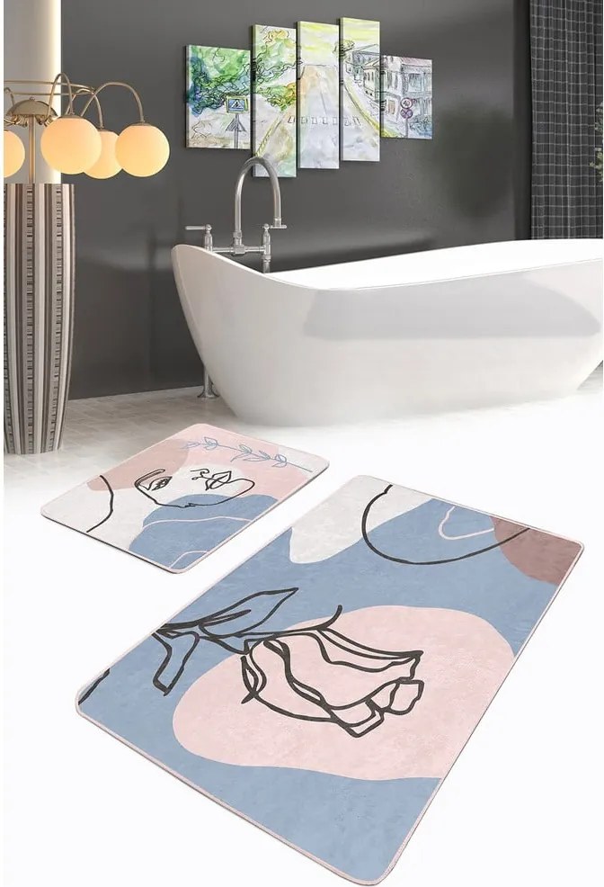 Kék-rózsaszín bársony fürdőszobai kilépő szett 2 db-os 60x100 cm Abstract Faces – Mila Home