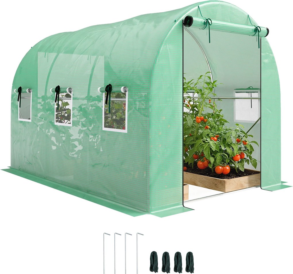 Outsunny alagút fóliaház 3 x 2 x 2 m PE takaróval, 2 felhajtható cipzáras ajtóval és 6 hálós ablakkal, merevítésekkel, meghosszabbított peremekkel, UV