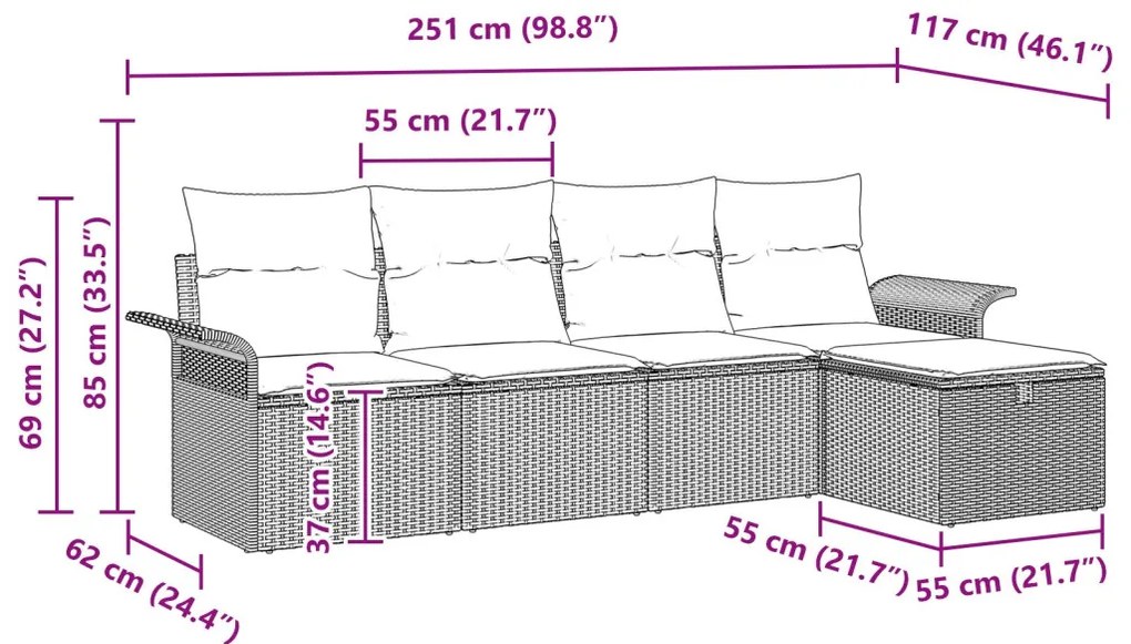 5 részes kertkanapé szett párnákkal világos szürke poli rattan
