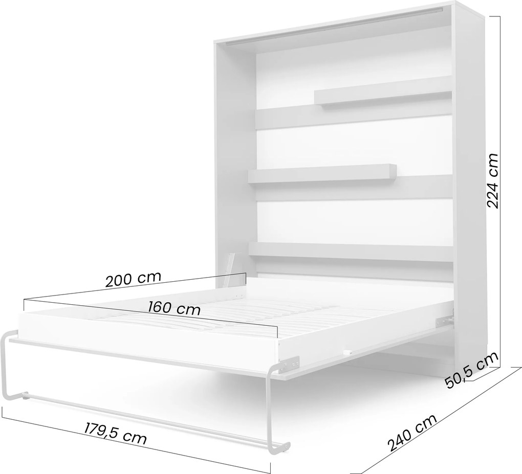 Modern összecsukható fali ágy 160x200 cm, függőleges - loft fekete / lancelot tölgy