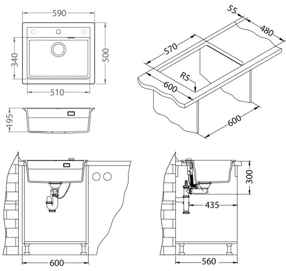 ALVEUS SETA23228 - konyhai mosogató ATROX+mosogató csaptelep MINTAS 34cm gránit/fekete