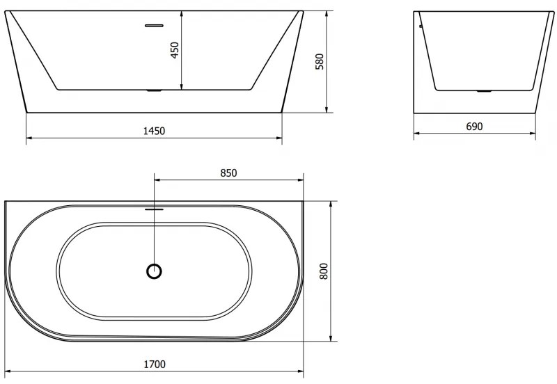 Mexen Oval, szabadon álló fali kád 170 x 80 cm, fehér, grafit túlfolyó, 52671708000-66