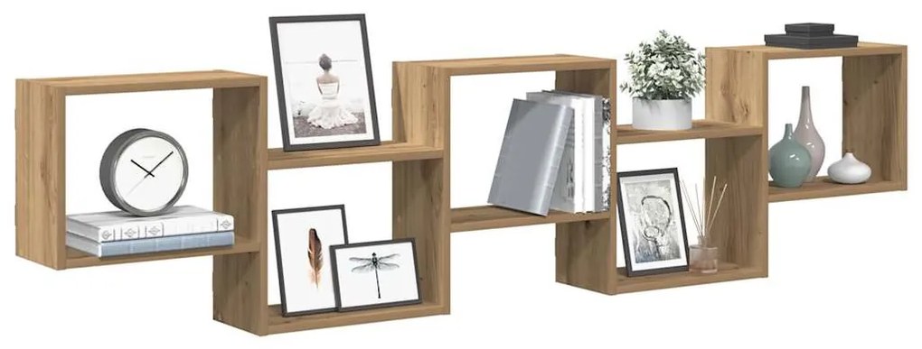 kézműves tölgy színű szerelt fa fali kockapolc 5 rekeszes színű