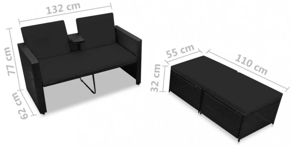 vidaXL 3 részes fekete polyrattan kerti bútorszett párnákkal
