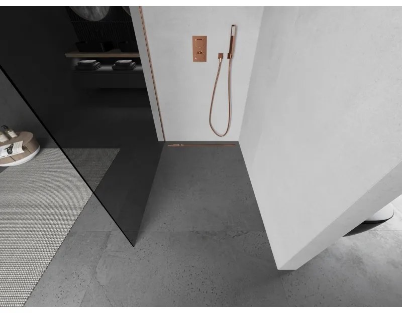 Mexen Kioto, Walk-In zuhany paraván 90 x 200 cm, 8mm szürke üveg, réz matt profil, 800-090-101-65-40