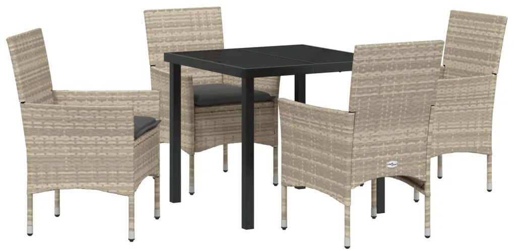 5 Darabos Kerti Étkezőszett Párnákkal Világosszürke Poli Rattan, Kerti Asztal Fekete 80x80x73 cm Edzett Üveg
