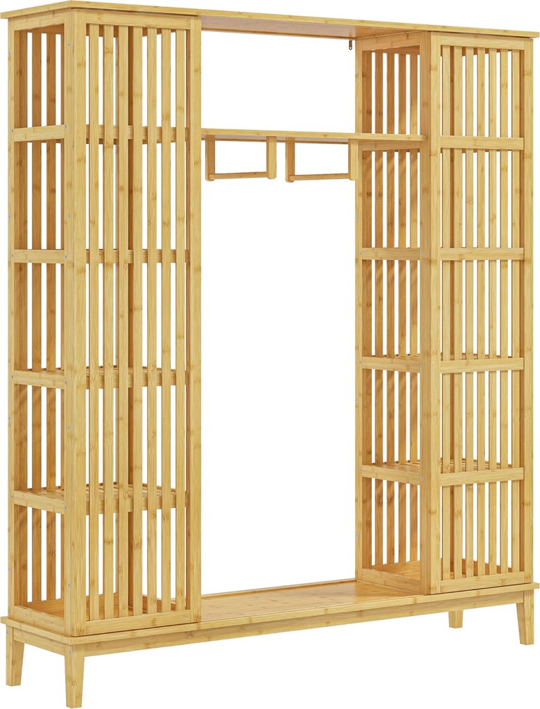 HOMCOM Bambusz Gardrób Ruházati Tároló 2 Csúszóajtóval, Nyitott Polcokkal és Akasztóval a Hálószobához, 145 x 35 x 165cm, Természetes Fa Befejezéssel