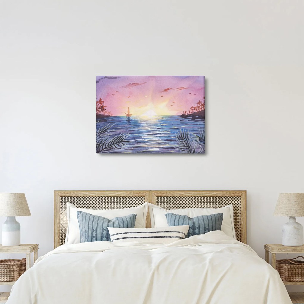 Kép - naplemente a víz felett, akvarell (70x50 cm)