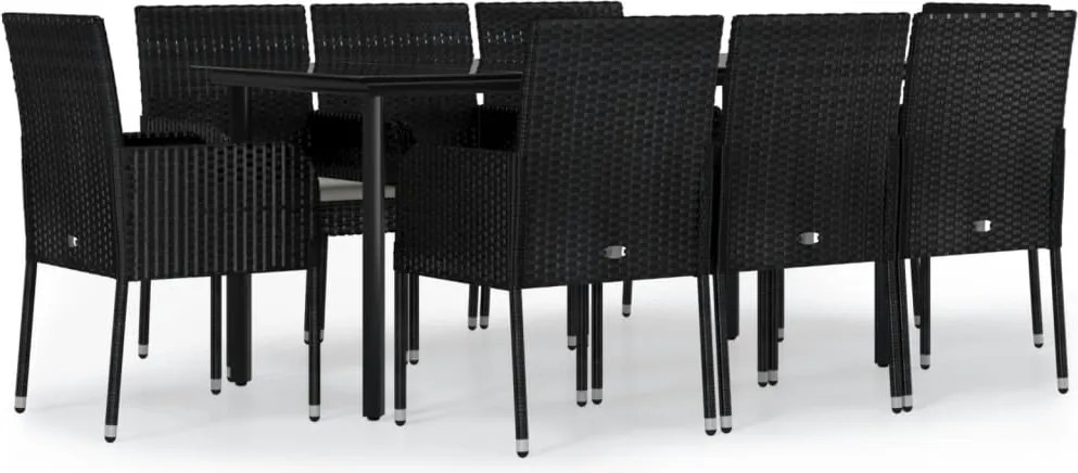 vidaXL 9 részes fekete polyrattan kerti étkezőgarnitúra párnákkal