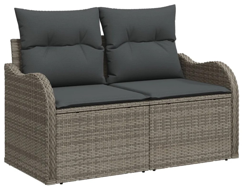 6 Darabos Kert-kanapé Szett Párnákkal Szürke Poly Rattan Akácfa, 2-Fős Kert-kanapé Párnákkal Szürke Poly Rattan