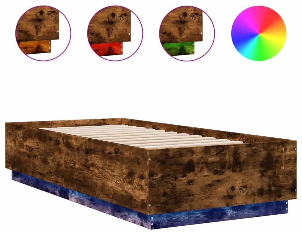 füstös tölgy színű szerelt fa ágykeret LED-del 90 x 200 cm