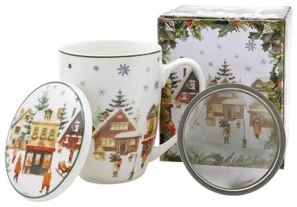 Porcelánbögre tetővel, fémszűrővel, 360ml, dobozban, Christmas Village