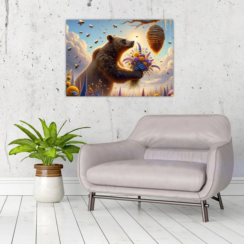 Üveg kép - Medve és méhek (70x50 cm)