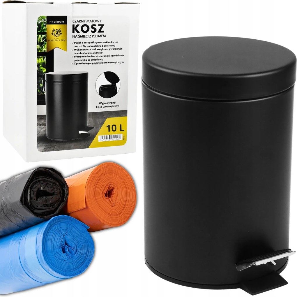 Fém szemetes kuka, 10 literes, fekete, fürdőszobai/konyhai, szekrénybe is tehető