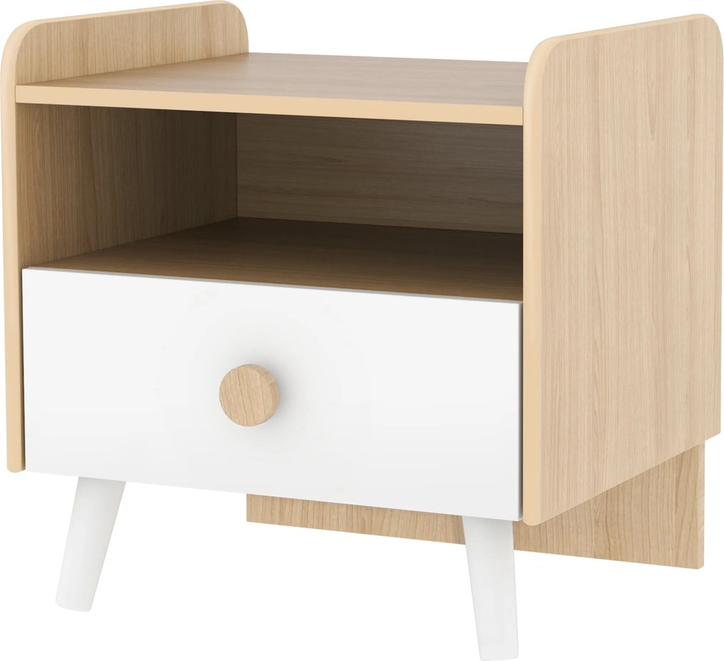 AIYAPLAY Gyermek Fa Éjjeliszekrény Fiúknak és Lányoknak +3 Év, Fiókkal és Lekerekített Sarkaival, Tölgy és Fehér Szobába | Aosom