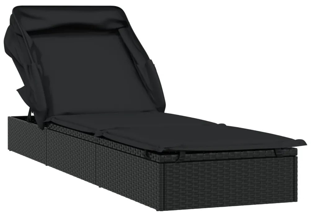 Fekete polyrattan napozóágy összecsukható tetővel 213x63x97 cm