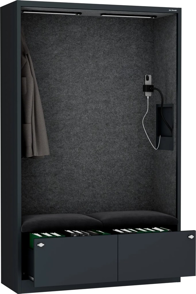 Irodai hangszigetelő fülke ülőkével és USB-C csatlakozóval, antracit színű váz / sötétszürke ülőke, 1150 mm: SALLY MentalBox