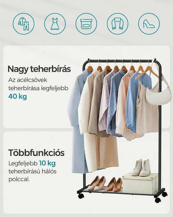Fém ruhatartó kerekekkel, tárolópolccal, fekete
