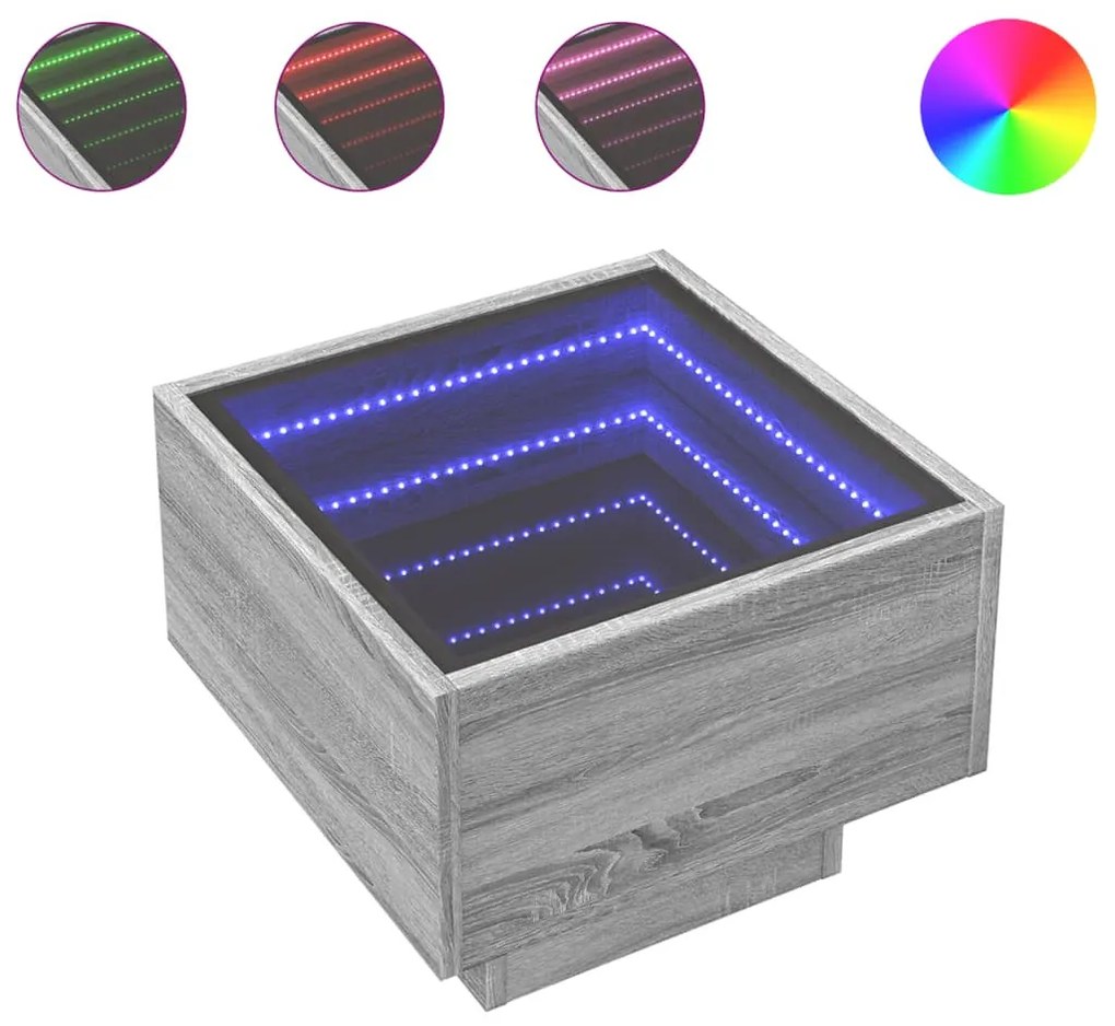 Szürke sonoma színű szerelt fa kisasztal LED-del 40x40x30 cm